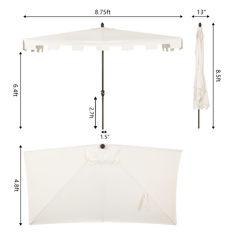 JONATHAN Y Sidney 9 ft. Classic MidCentury Rectangular Half Market Patio Umbrella with Crank, Wind Vent and UV Protection in Cream/White