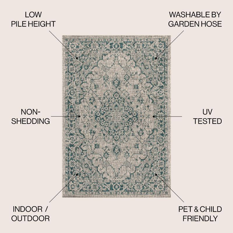 5' Square Rozetta Boho Medallion Textured Weave Indoor/Outdoor Area Rug, Gray/Teal - JONATHAN Y