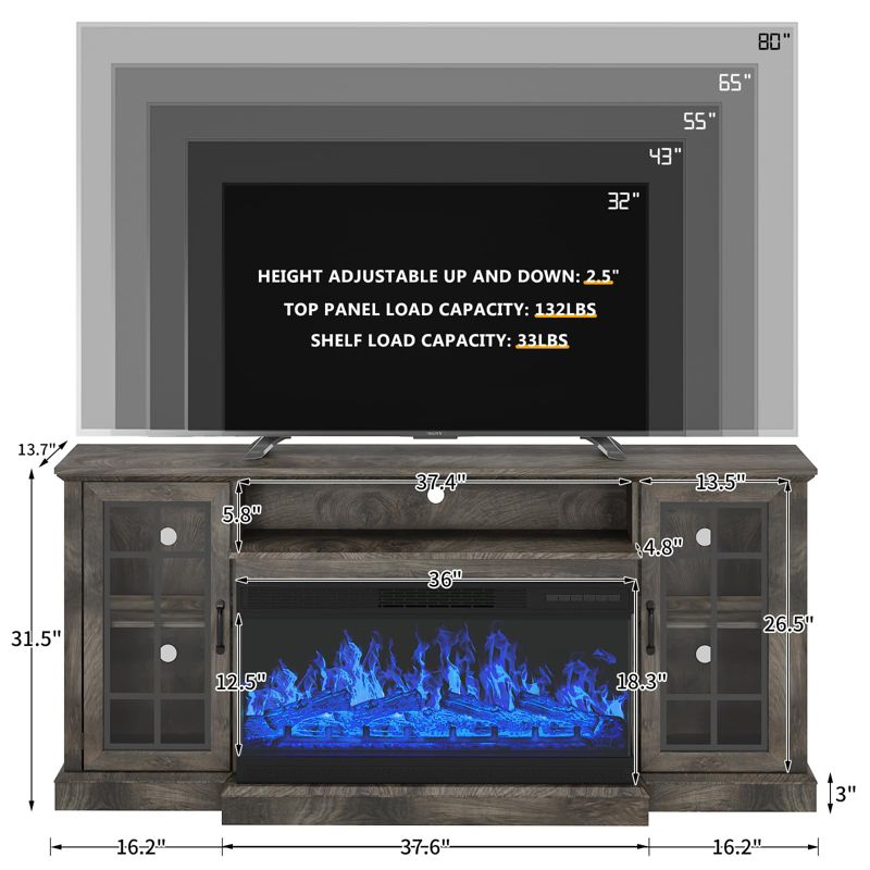 AOXUN 36 Inch 3-Sided Glass Fireplace TV Stand for TVs up to 80", Rustic Media Entertainment Center Console Table with Glass Door Closed Storage, Grey