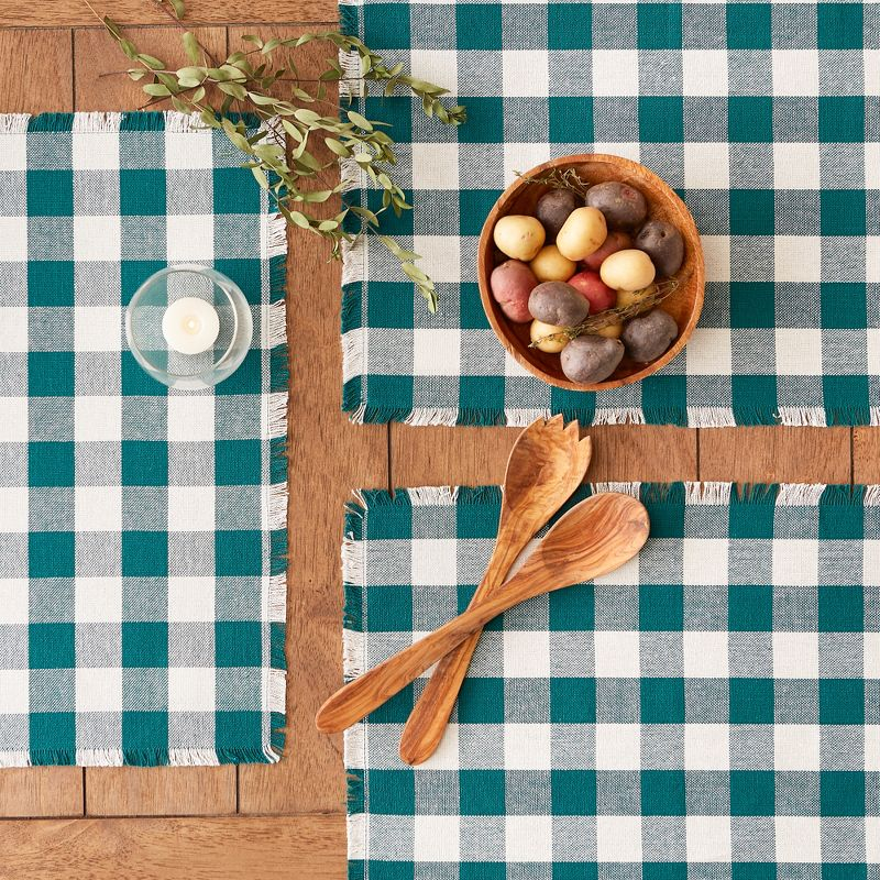 Design Imports Teal Heavyweight Check Fringed Placemat Set/6