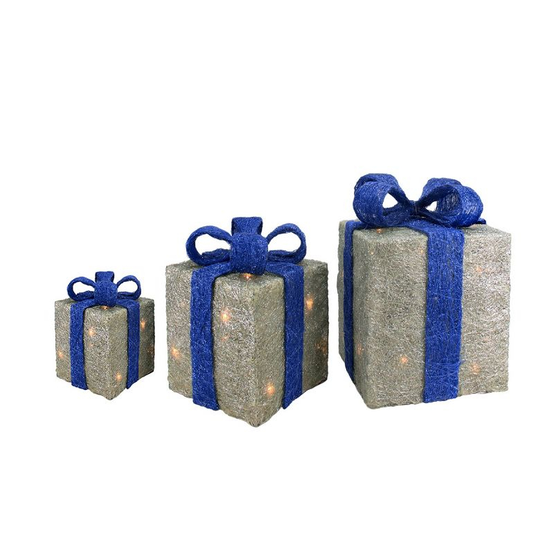 Northlight Lighted Gift Boxes Outdoor Christmas Decorations - 10" - Silver and Blue - Set of 3