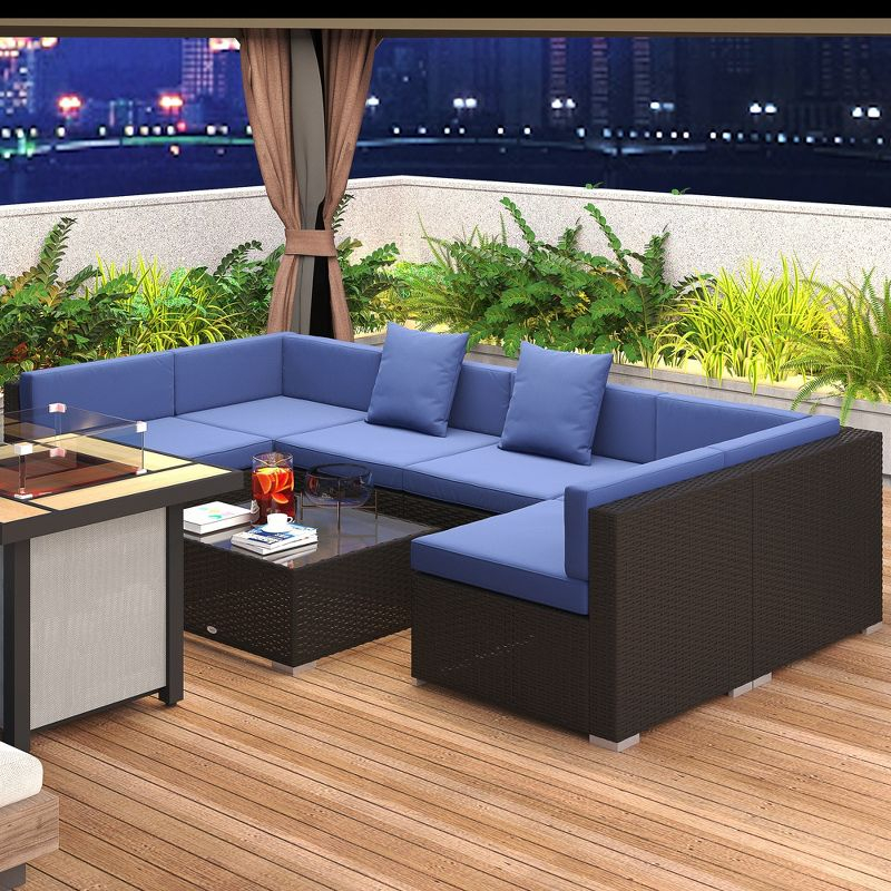 Outsunny 7 Piece Outdoor Patio Furniture Set, PE Rattan Wicker Sectional Sofa Set with Couch Cushions, Pillows, Coffee Table, Blue