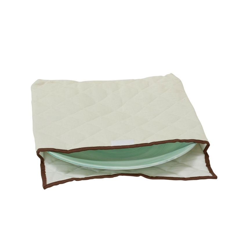 Large Serveware Storage Box, Polyester Canvas with Fiberboard Sides, 3 Protective Pouches, Fully Removable Lid, Natural with Brown Trim