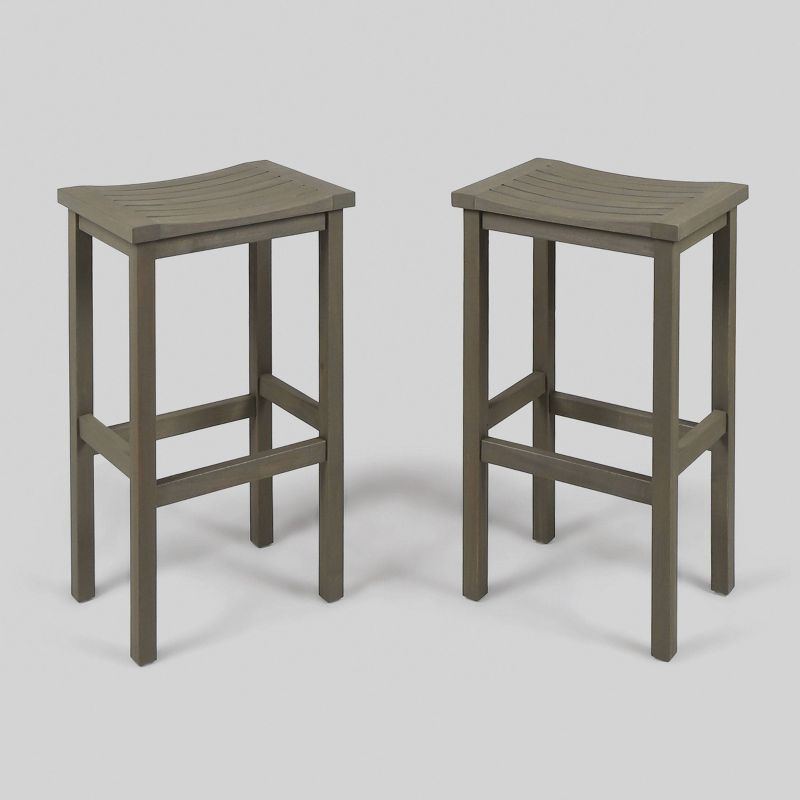 Caribbean 2pk 30" Acacia Wood Patio Barstool - Gray - Christopher Knight Home: Saddle Seat, Weather-Resistant