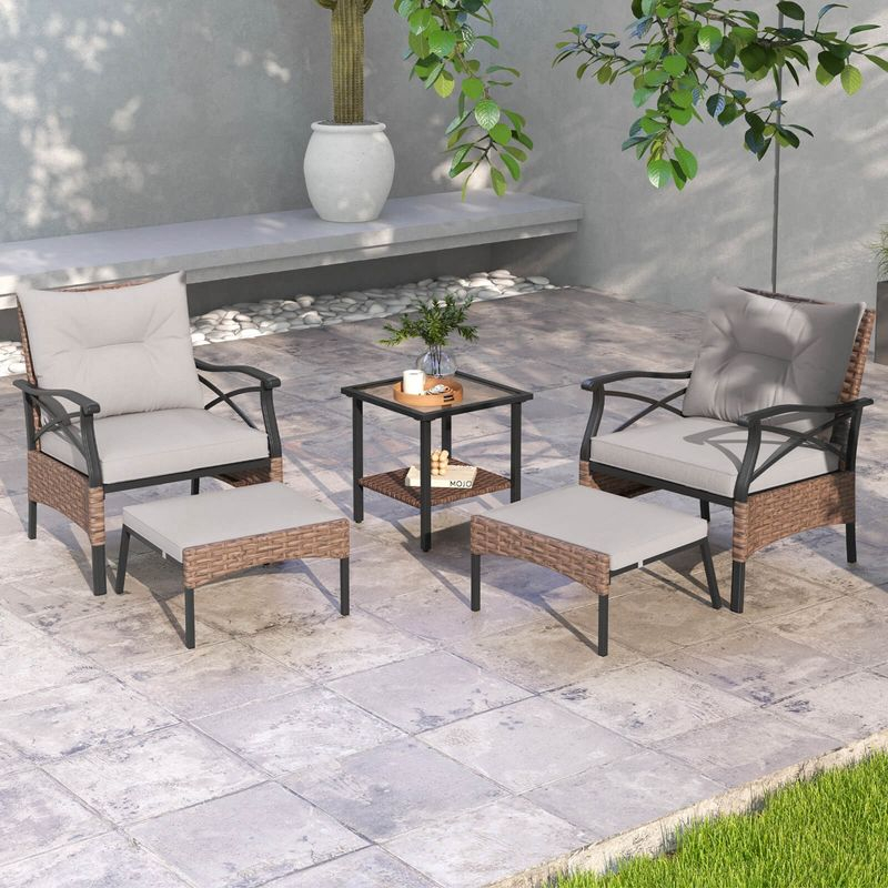 Costway 5 PCS Patio Furniture Set with 2-Tier Coffee Table & 2 Ottomans Cushions Included