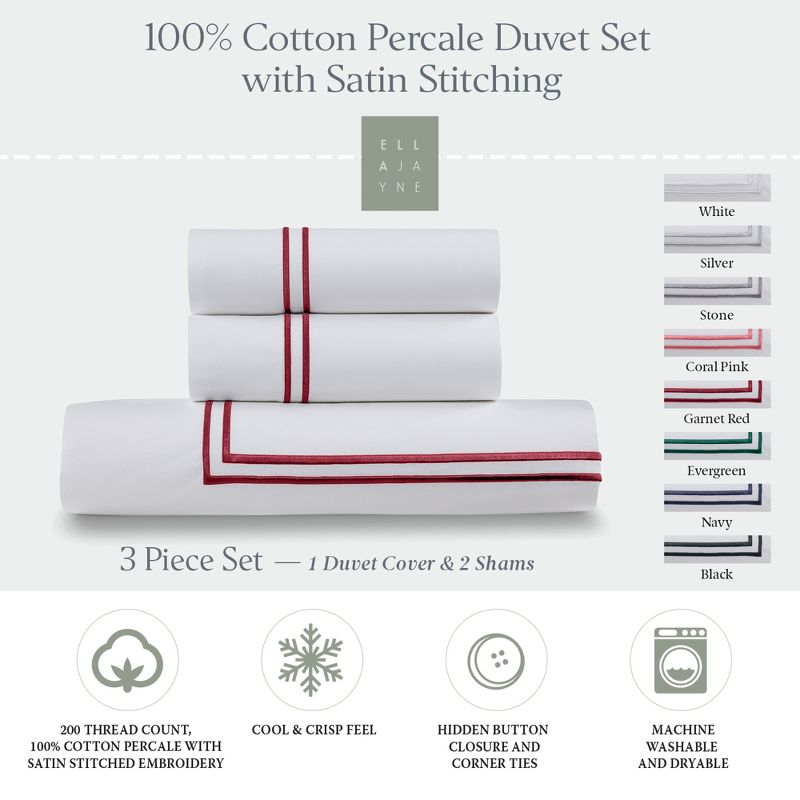 Ella Jayne 100% Cotton Percale 3 Piece Duvet Set, Full/Queen, White with Garnet Red Satin Stitching