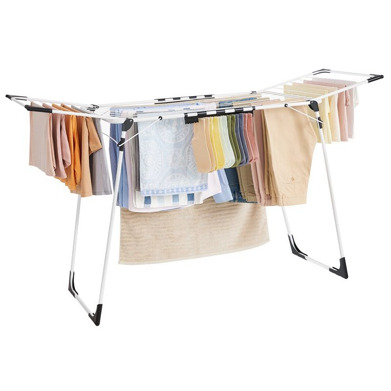 SONGMICS Clothes Drying Rack Foldable Gullwing Laundry Drying Rack, Space-Saving, 22.2 x 68.1 x 38 Inches Sock Clips Metal Structurefor Clothes White