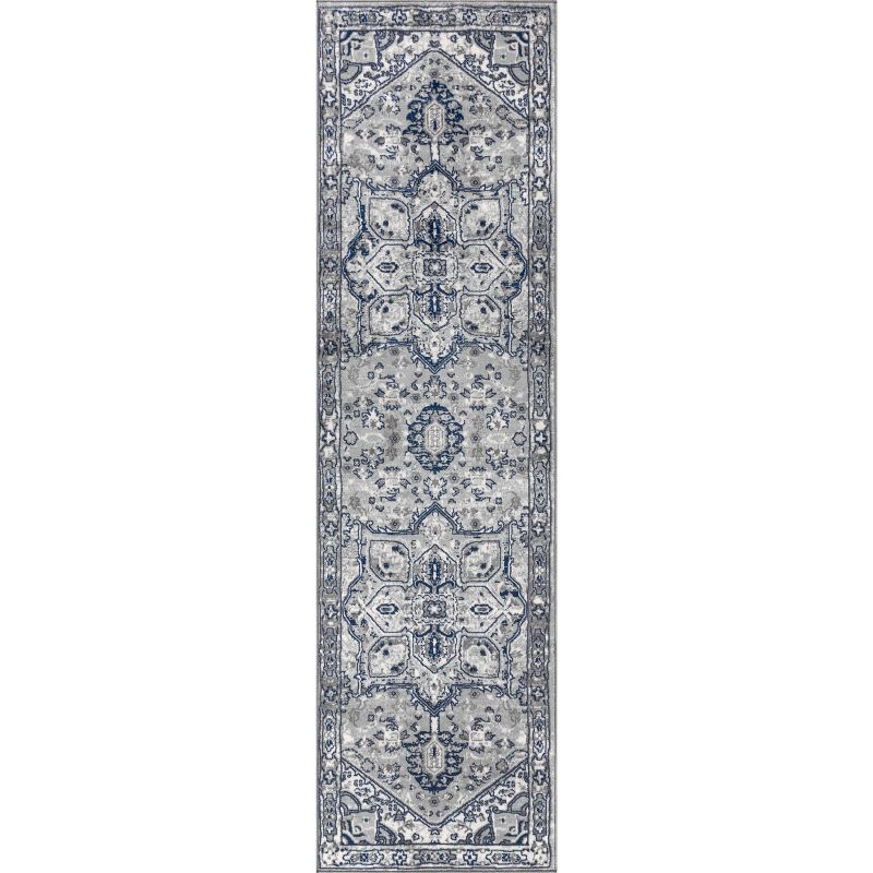 2'x8' Modern Persian Vintage Medallion Runner Rug, Light Grey/Navy - JONATHAN Y