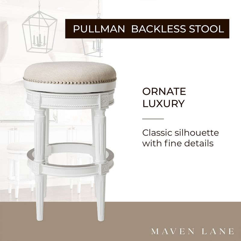 Maven Lane Pullman 31 Inch Tall Backless Alabaster White Finish Bar Height Upholstered Barstool with Cream Fabric Cushion Seat, Set of 3