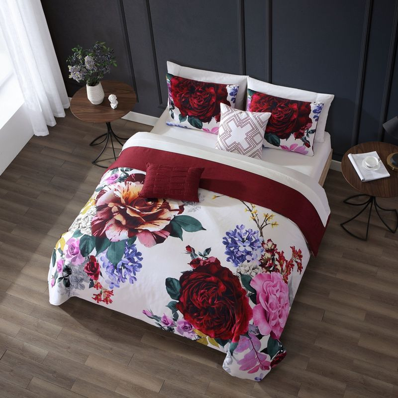 BeBeJan Bebejan Magenta Floral 100% Cotton Sateen 5 Piece Reversible Comforter Set