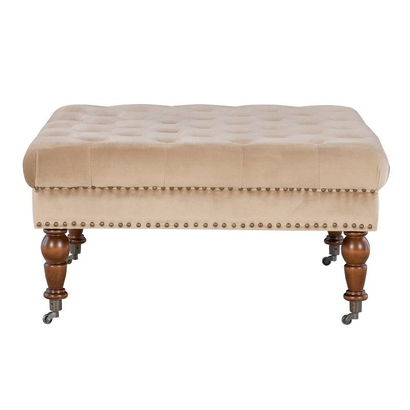 34.6" Isabelle Traditional Square Tufted Upholstered Wheeled Cocktail Ottoman Tan - Linon
