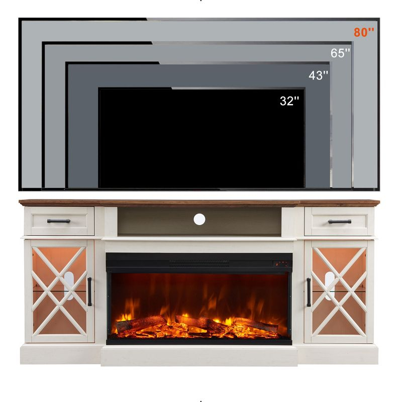 OKD 70" Farmhouse TV Stand w/Electric Fireplace & Glass Door Storage Cabinet, Antique White