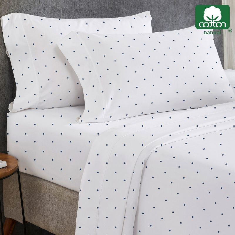 400 Thread Count 100% Cotton Printed Navy Dot Blue 4 Piece Sheet Set - King - California Design Den