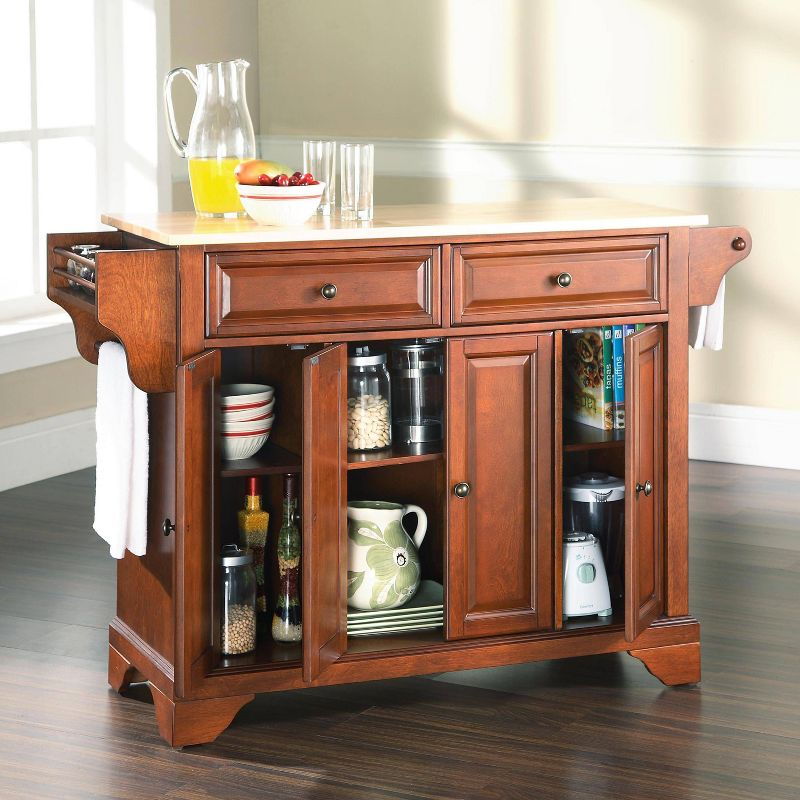 Crosley Lafayette Wood Top Full Size Kitchen Island/Cart Cherry/Natural: With Adjustable Shelves, Towel Bar, 5 Drawers