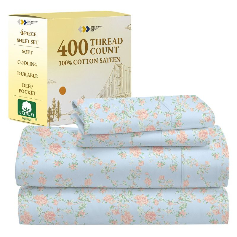 400 Thread Count 100% Cotton Printed Antique Rose Light Blue 4 Piece Sheet Set - Full - California Design Den