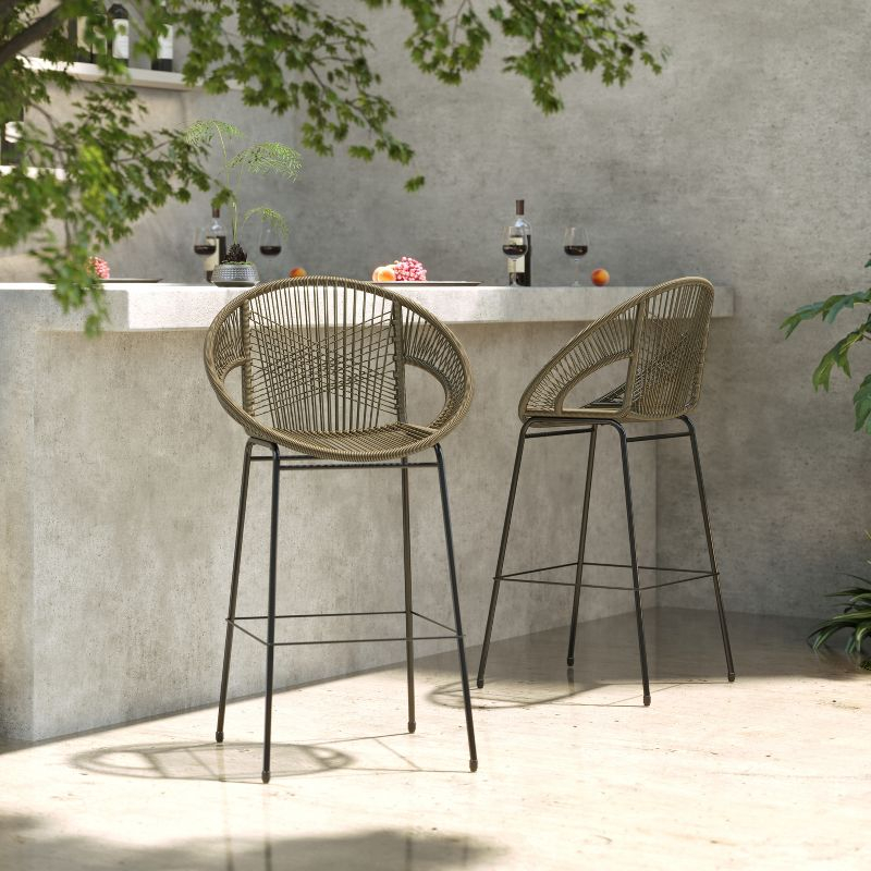 Christopher Knight Home Gwyneth Outdoor Modern Iron and Rattan Bar Stools (Set of 2), Green