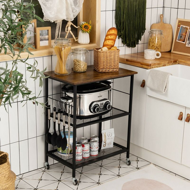 Costway 3-Tier Kitchen Serving Cart Utility Standing Microwave Rack w/ Hooks