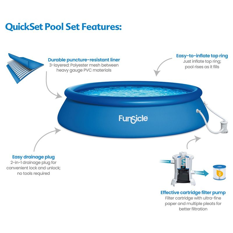Funsicle 15 Foot x 36 Inch QuickSet Round Inflatable Ring Top Above Ground Swimming Pool Set with Filter Pump and Type D Cartridge Filter, Blue