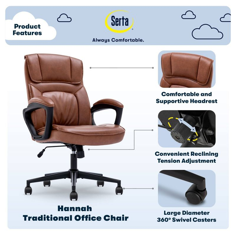 Style Hannah Office Chair Bonded Leather Comfort Cognac - Serta: Ergonomic Lumbar Support, Adjustable Height