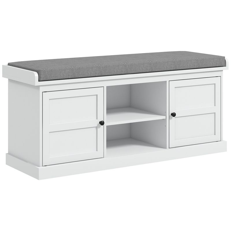 HOMCOM Shoe Bench with Cushion, Storage Bench for Entryway with Padded Seat, 2 Cabinets and Adjustable Shelf for Hallway, Living Room, Bedroom, White