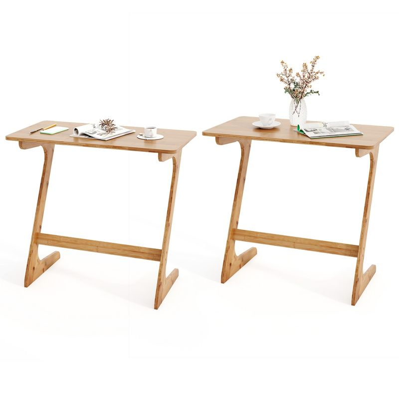 Costway 2 PCS Bamboo Sofa Side Table Z-Shaped Spacious Tabletop Space-Saving TV Snack Tray Natural