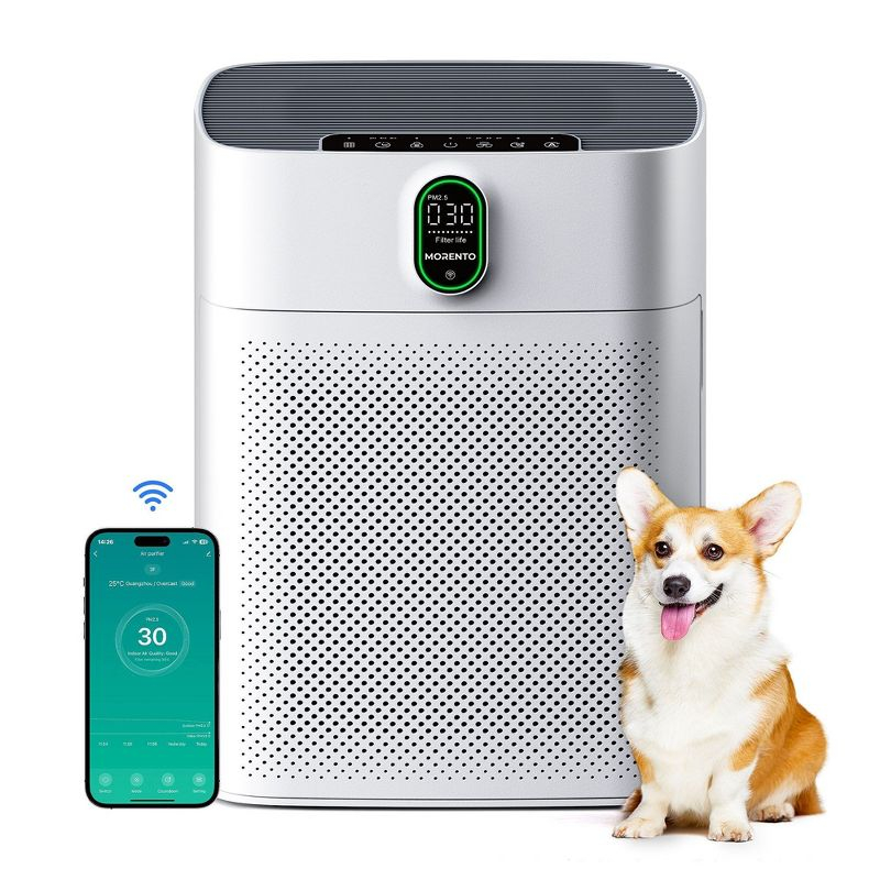 MORENTO Smart Air Purifier for Home & Large Room up to 1076 ft², Wi-Fi and Alexa Compatible, PM2.5 Air Quality Display, HEPA Filters, HY-4866W, White