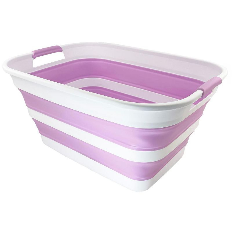 SAMMART 27L (7.1 Gallons) Collapsible Plastic Laundry Basket with Dual Grip Handle, White/Pale Purple/White