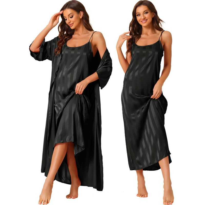 cheibear Women's 3/4 Sleeves Satin Silky Stripe 2 Pcs Pajamas Nightgowns with Robes Black X-Small