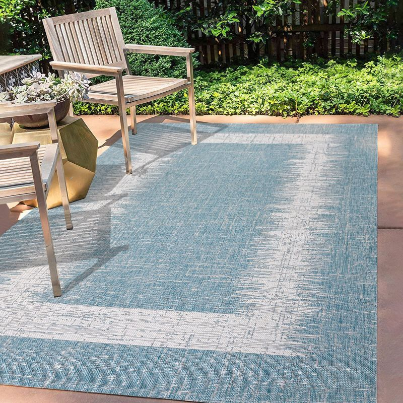 3'x5' Scandi Minimalist Border Indoor/Outdoor Area Rug, Aqua/Ivory - JONATHAN Y