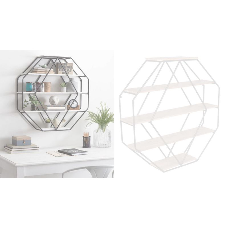 Kate & Laurel All Things Decor Wall Shelf Octagon Shaped Walnut/Black: 5-Tier Metal Floating Decorative Shelving