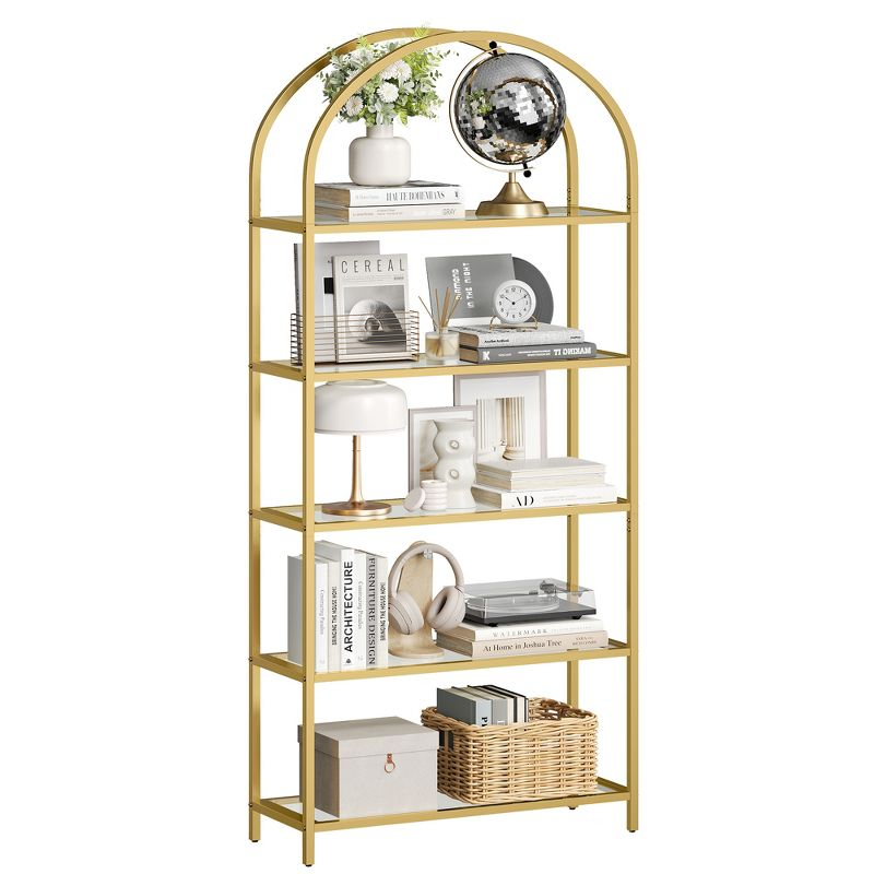 VASAGLE 5-Tier Bookshelf, 32.7 x 72.2inch, Display Storage Shelf, Tempered Glass Shelving Unit with Metal Frame, for Bedroom, Living Room, Gold