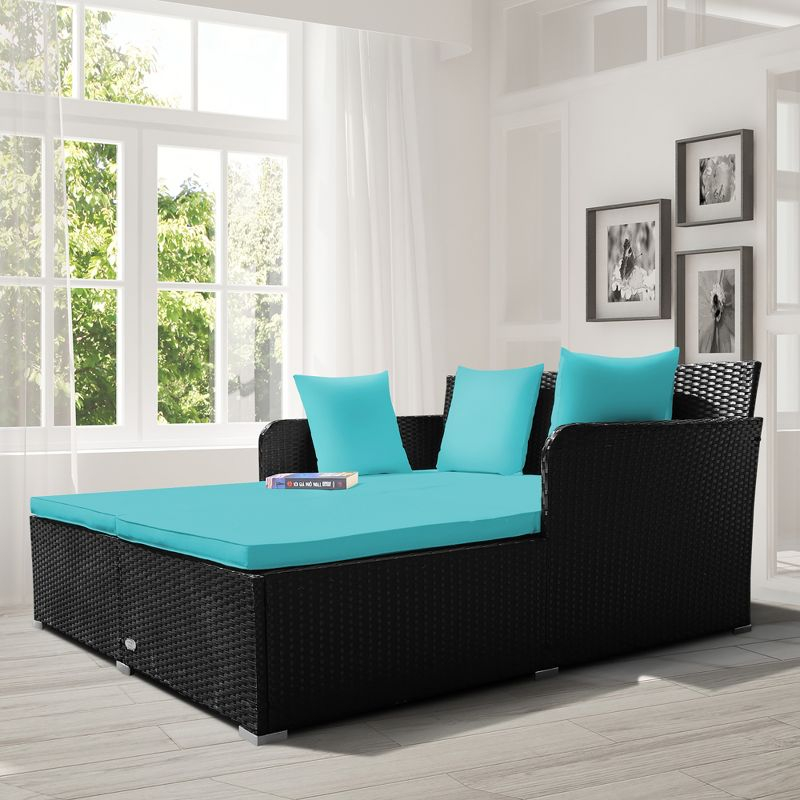 Costway Outdoor Patio Rattan Daybed Pillows Cushioned Sofa Furniture Turquoise