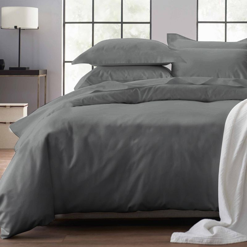 Dark Gray Duvet Cover Full / Queen - 400 Thread Count , 100% Pure Cotton Comforter Cover and Two Pillow Shams, with Button Closure and Corner Ties