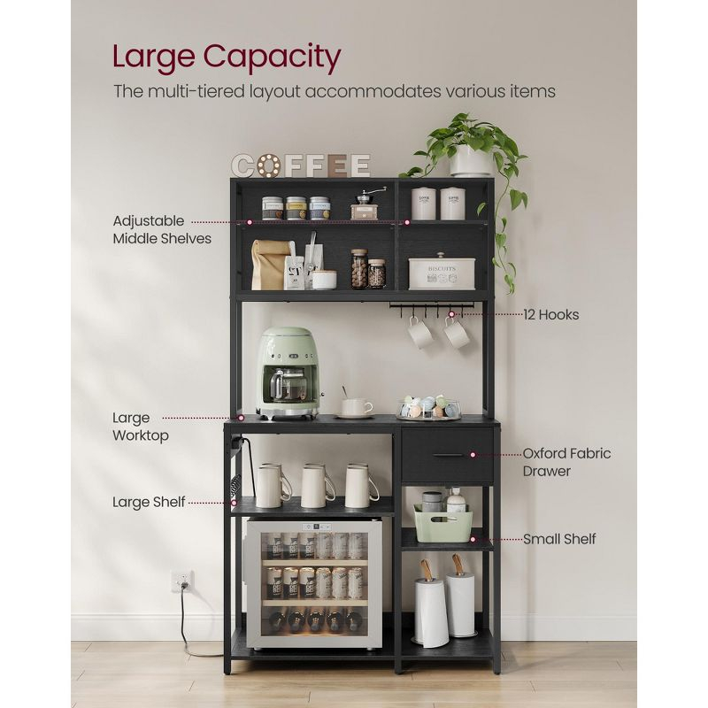 VASAGLE Bakers Rack with Charging Station, Coffee Bar with Adjustable Storage Shelves, 15.7 x 39.4 x 71 Inches, Kitchen Microwave Stand, Charcoal Gray