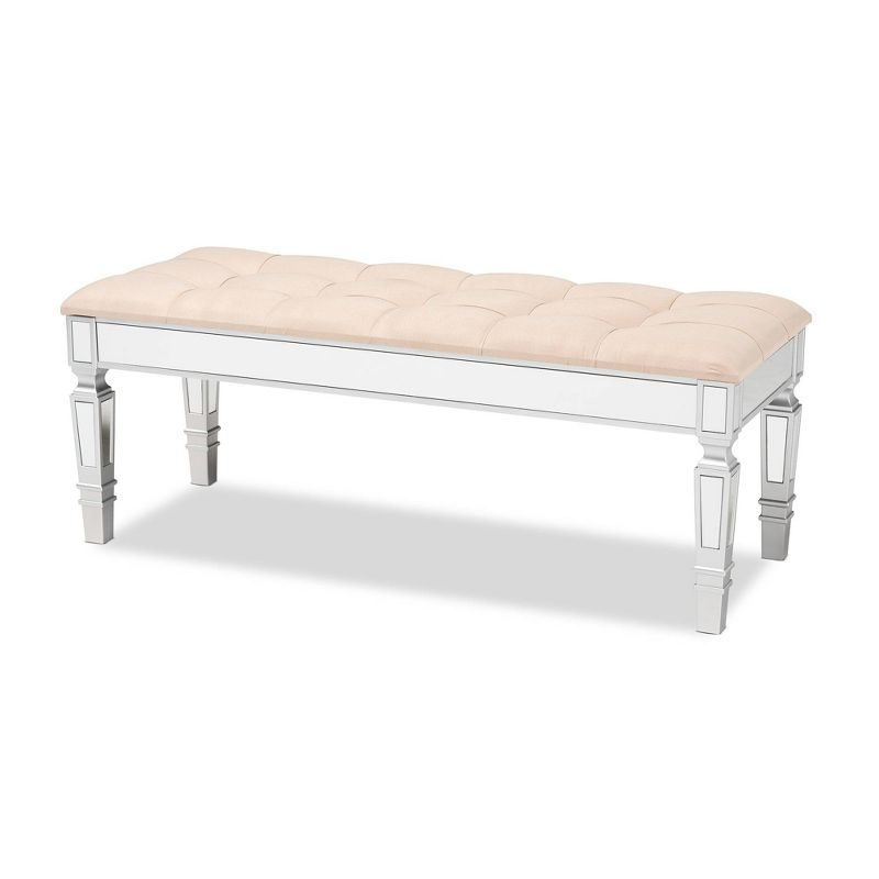 Hedia Fabric Upholstered and Wood Accent Bench Beige/Silver - Baxton Studio: Mirrored Glass, Foam-Padded, Button-Tufted