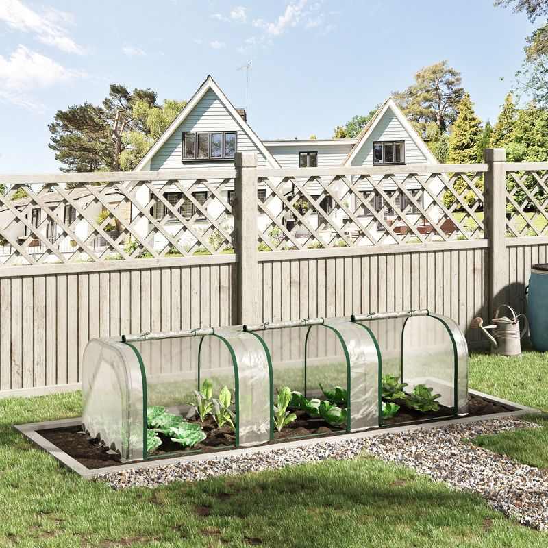 Outsunny Mini Greenhouse, 10' x 3' x 2.5' Portable Tunnels, 3 Roll-Up Zip Doors, UV Waterproof Plastic Cover, Steel Frame, Clear