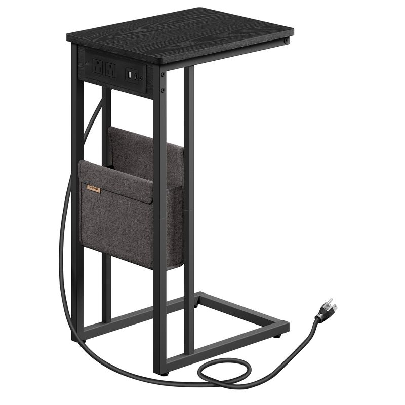 VASAGLE C-Shaped Side Table, End Table with Charging Station, 2 USB Ports and Outlets, C Table for Couch, Sofa, with Storage Bag, Ebony Black