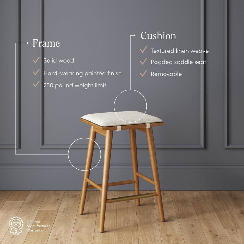 Nathan James Barker Counter Height Barstool: Padded Saddle Seat, Solid Rubberwood Legs, 24" Tall
