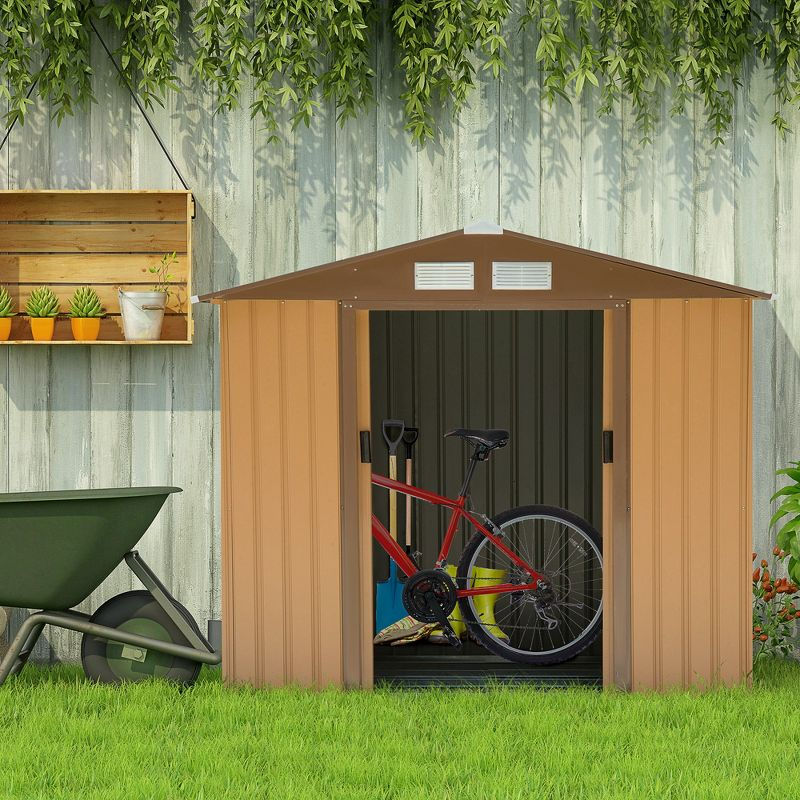 Outsunny 7' x 4' Metal Storage Shed Organizer, Garden Tool House with 4 Vents and 2 Sliding Doors for Backyard, Patio, Garage, Lawn, Brown