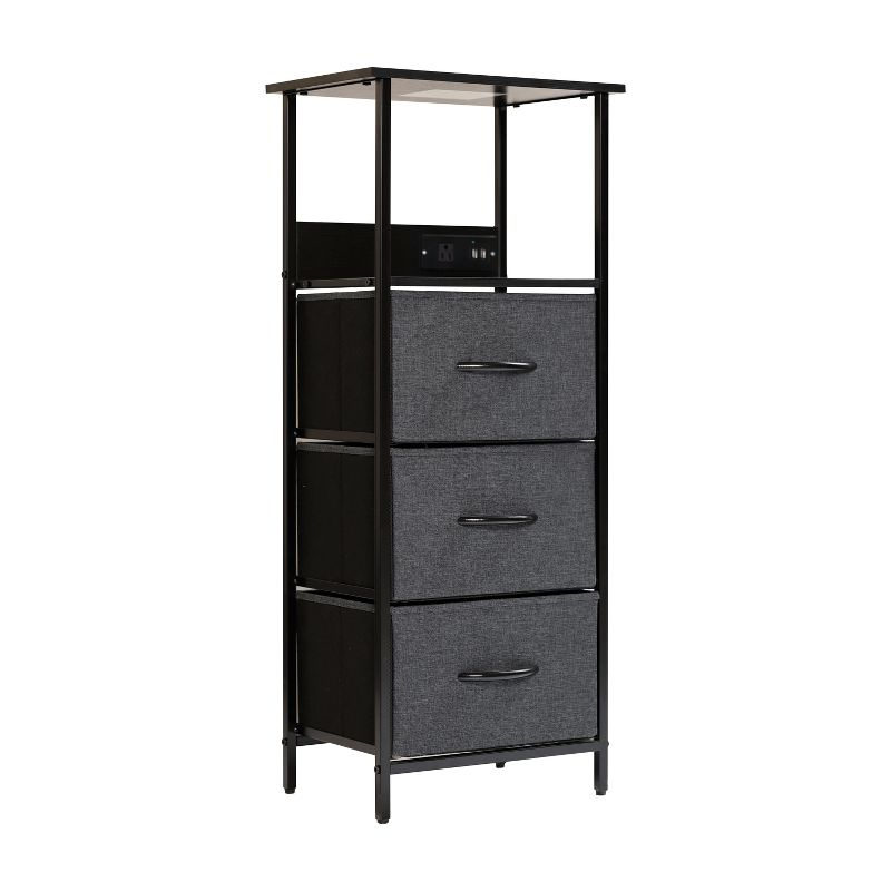 Emma and Oliver Charging Nightstand with 3 Fabric Drawers, 2 USB Ports, 1 Outlet in Charcoal/Blk