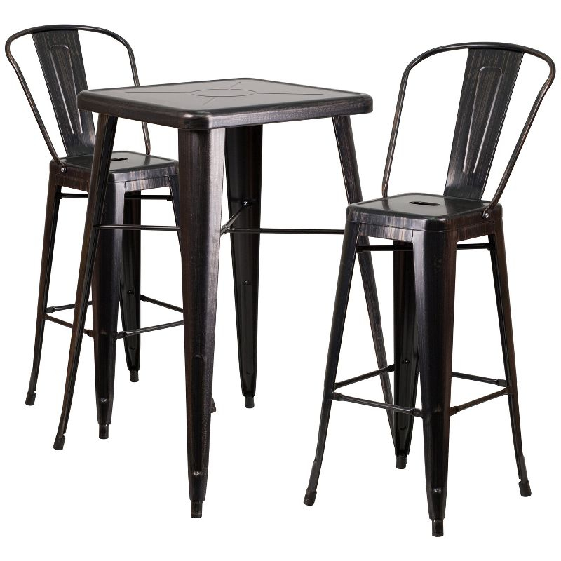 Flash Furniture Commercial Grade 23.75" Square Black-Antique Gold Metal Indoor-Outdoor Bar Table Set with 2 Stools with Backs