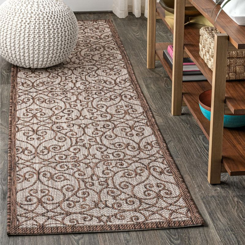2'x8' Madrid Vintage Filigree Textured Weave Indoor/Outdoor Runner Rug, Taupe/Espresso - JONATHAN Y