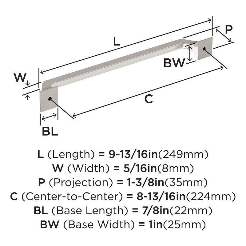 Amerock Exceed 8-13/16 inch (224mm) Center-to-Center Satin Nickel Cabinet Pull
