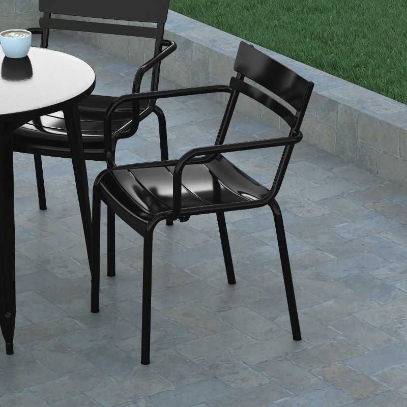 Emma and Oliver Set of 2 Powder Coated Steel Stacking Dining Chairs with Arms and 2 Slat Backs for Indoor-Outdoor Use in Black