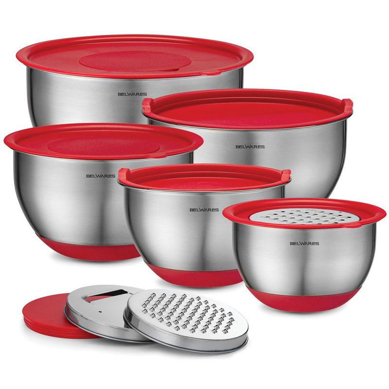 Mixing Bowls with Lids Set - Nesting Bowls with Airtight Lids + Graters - Stainless Steel Non-Slip Mixing Bowl for Baking, (Red, 5-Piece Set)