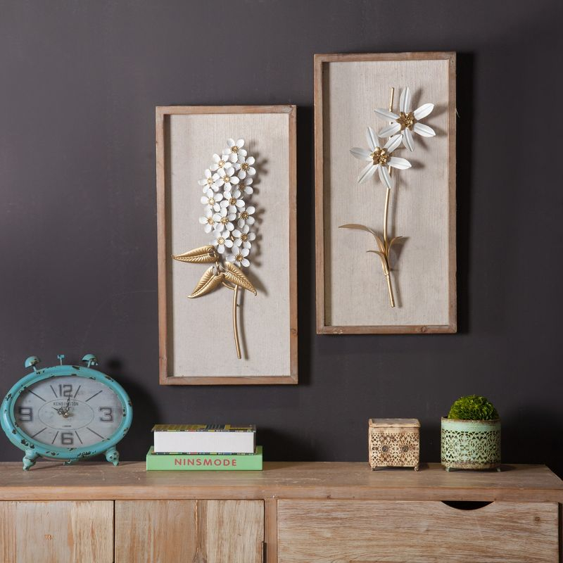 LuxenHome Set of 2 White and Gold Flower Bouquet Wall Decor Brown
