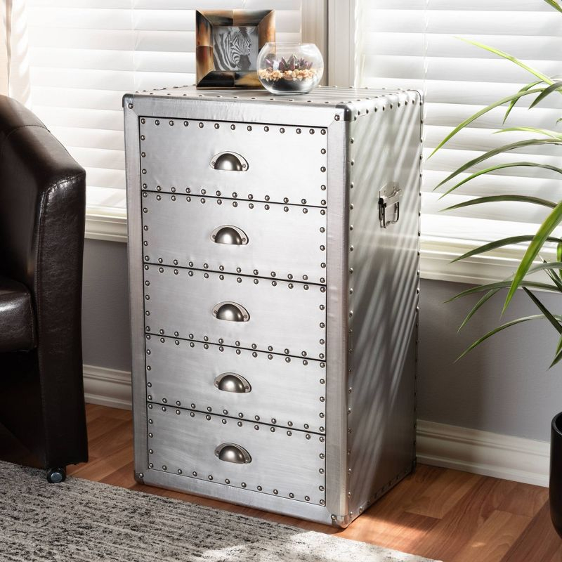 5 Drawer Davet Metal Accent Chest Silver - Baxton Studio: French Industrial Style, Fully Assembled