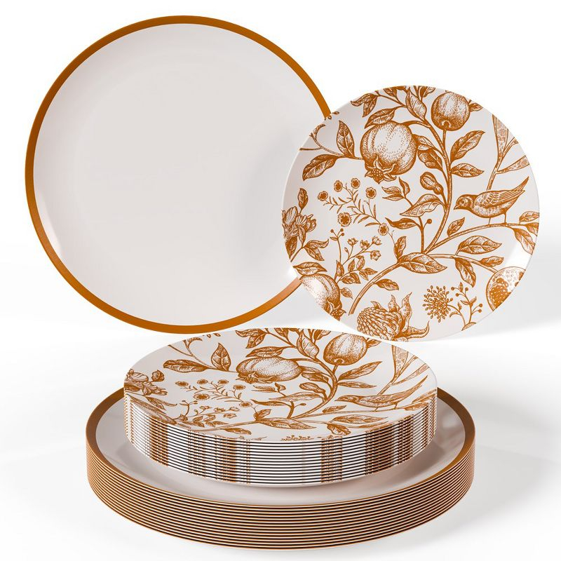 Trendables Plastic Disposable Plate Set 40 x 8" and 40 x 10" Brown and White Thanksgiving Plate with Pomegranate Design