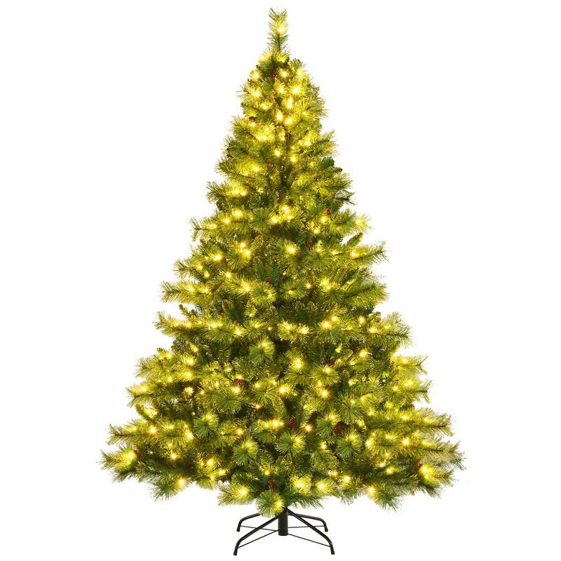 Costway 6ft\7ft\8ft Pre-lit Hinged Christmas Tree w/ 777\1233\1913 Glitter Tips & Pine Cones