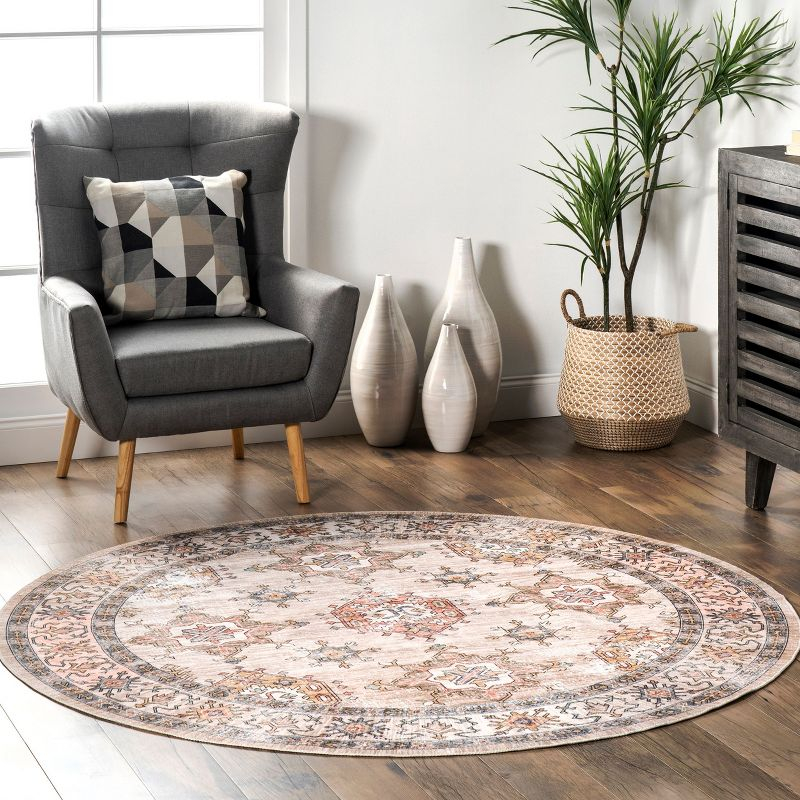 Nuloom Finley Medallion 6 Round Machine Washable Indoor Area Rug for Living Room Bedroom Dining Room Kitchen, Beige/Ivory